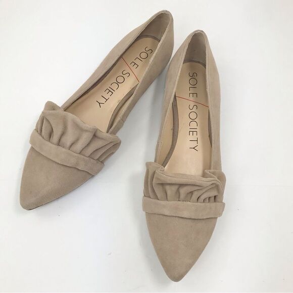Sole Society KAMBER Tan Suede Leather Ruffle Pointed Toe Slip On Ballet Flat NEW - Picture 2 of 16